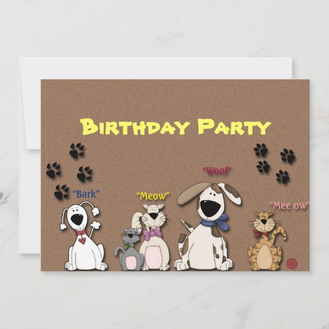 Niedliche Katzen & Hunde Einladung zum Geburtstag (Vorderseite)