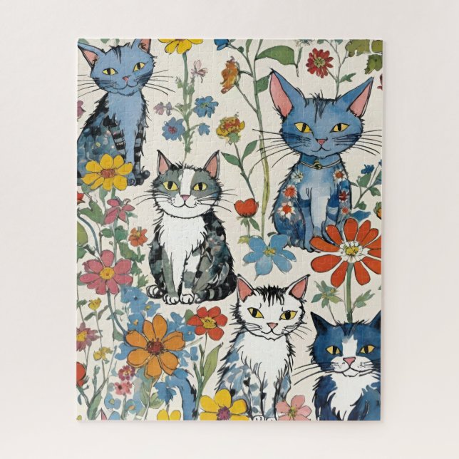 Niedliche Katzen-Illustrationen mit Wildblumen Blu (Vertikal)