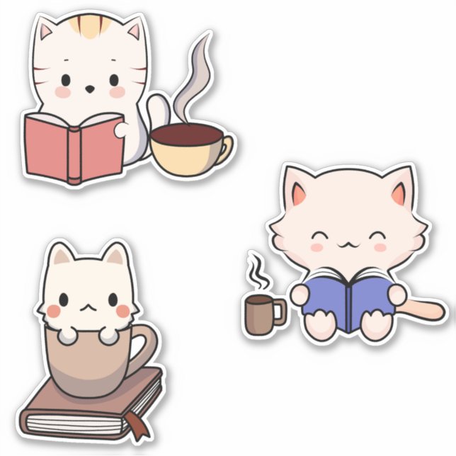 Niedliche Katzen lesen Bücher und trinken Kaffee Aufkleber (Vorderseite)