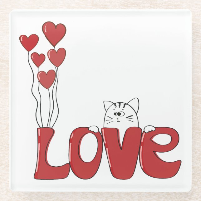 Niedliche Katzen Liebe Typografie Rote Herzen | Va Glasuntersetzer (Vorderseite)