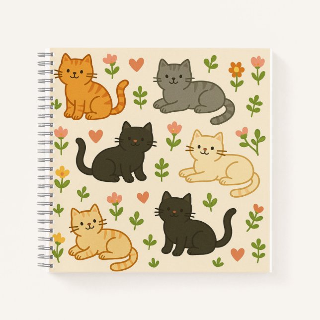 Niedliche Katzen mit Blume & Herz - Adorable Anima Notizbuch (Vorderseite)