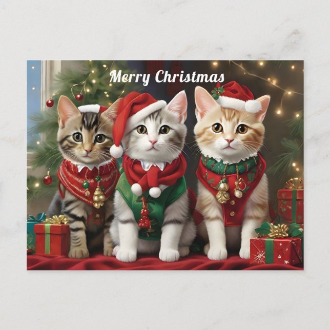 Niedliche Katzen mit Weihnachtsmannmützen Whimsiku Postkarte (Vorderseite)