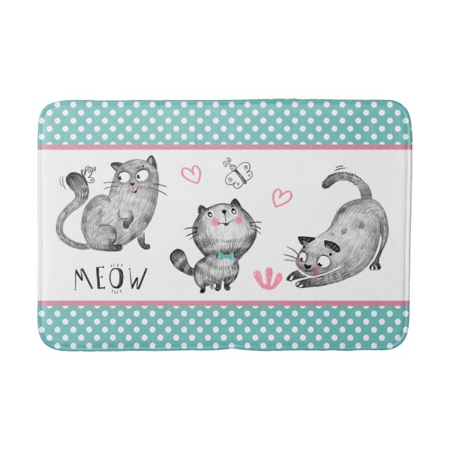Niedliche Katzen, Schmetterlinge, Herzen, Polka-Pu Badematte (Vorderseite)