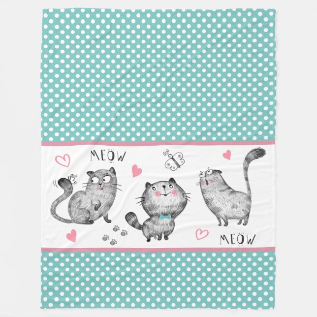 Niedliche Katzen, Schmetterlinge, Polka-Punkte, He Fleecedecke (Vorderseite)