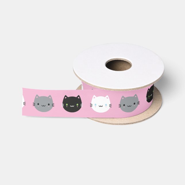 Niedliche Katzen u. Kawaii Kätzchen (Rosa) Satinband (Spule)