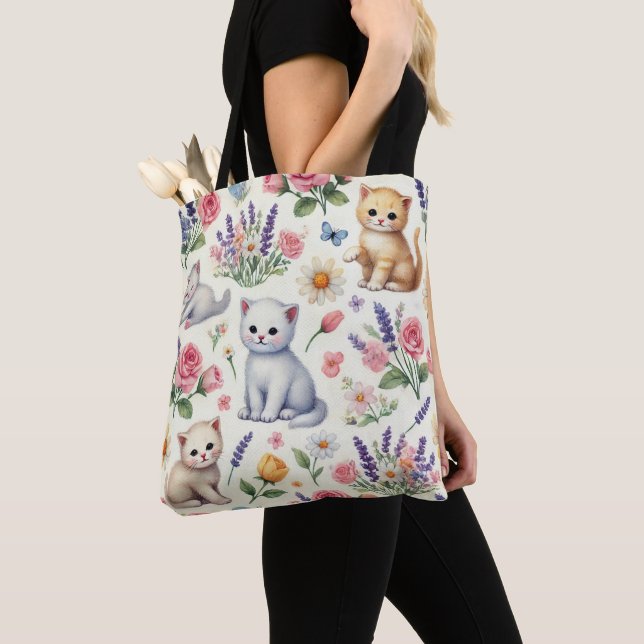 Niedliche Katzen und Blume Muster Tote Tasche (Von Nahem)