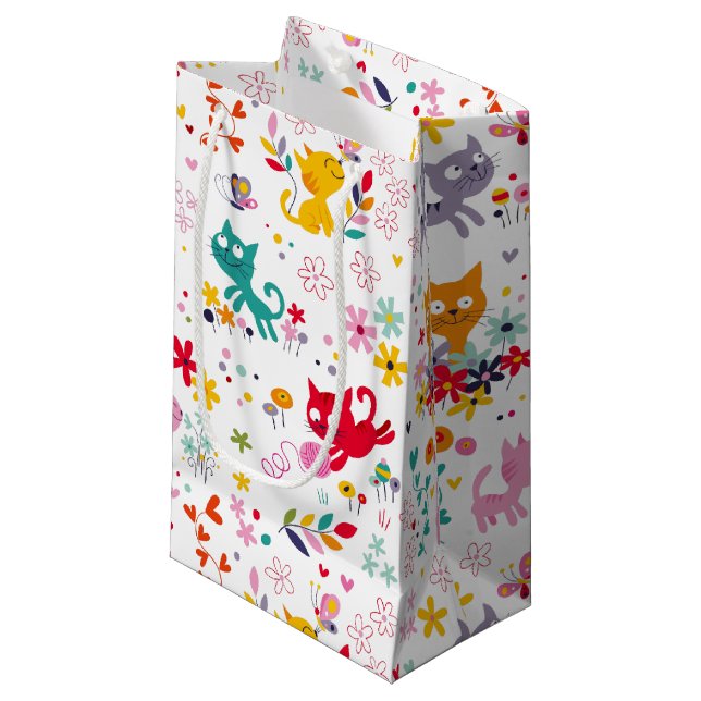 Niedliche Katzen und Blume Spaß Kleine Geschenktüte (Vorderseite Schrägansicht)