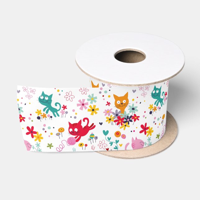 Niedliche Katzen und Blume Spaß Satinband (Spule)
