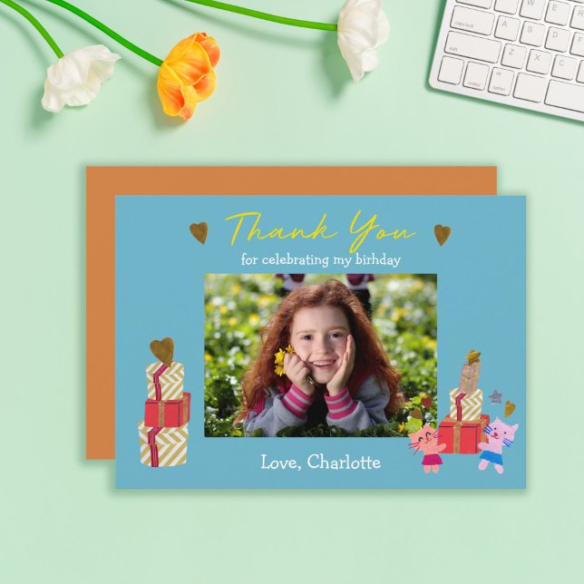 Niedliche Katzen und Geschenke Blue Kindergeburtst Dankeskarte (Von Creator hochgeladen)