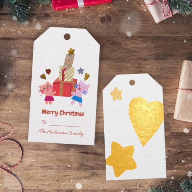 Niedliche Katzen und Geschenke Sternherz Weihnacht Geschenkanhänger (Von Creator hochgeladen)