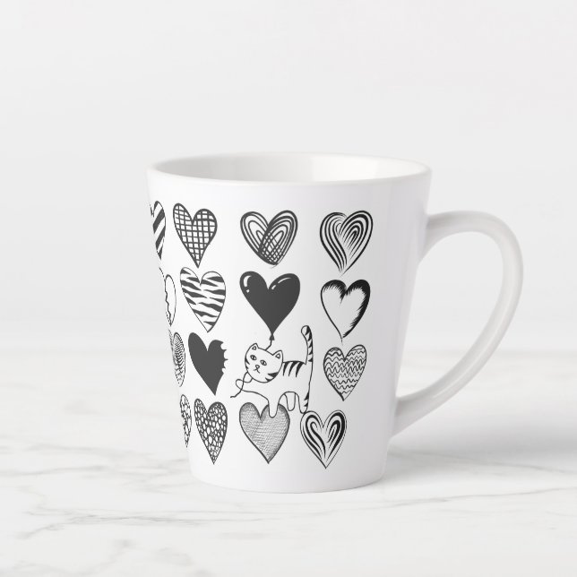 Niedliche Katzen- und Herzmuster-Illustration Milchtasse (Rechts)