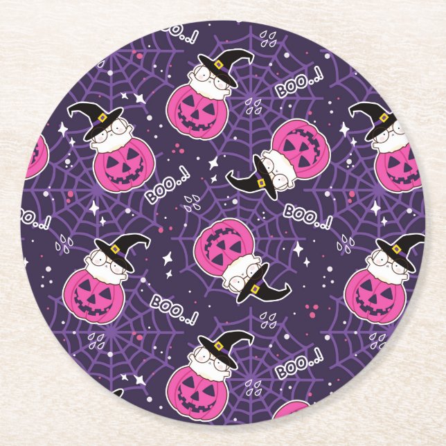 Niedliche Katzen und Kürbis Halloween-Muster Runder Pappuntersetzer (Vorderseite)