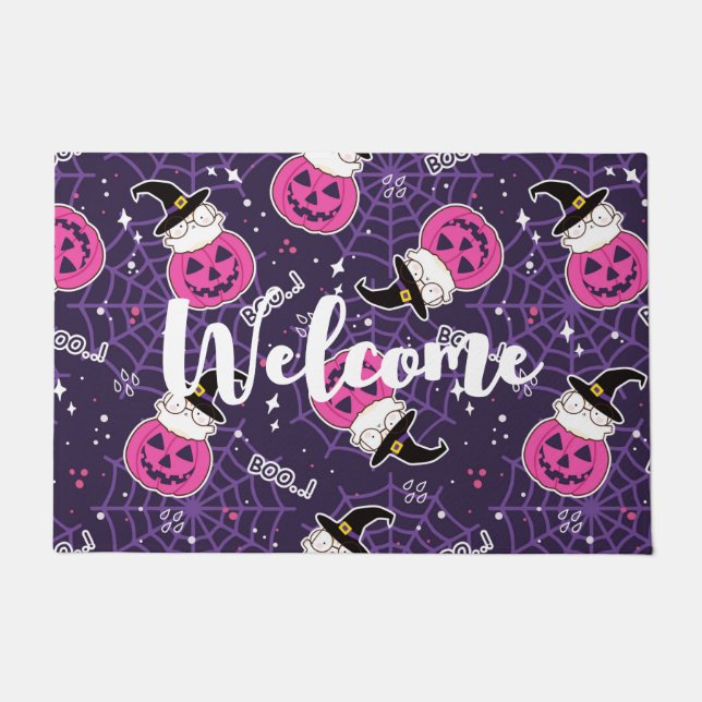 Niedliche Katzen und Kürbis Halloween-Muster Willk Fußmatte (Vorderseite)