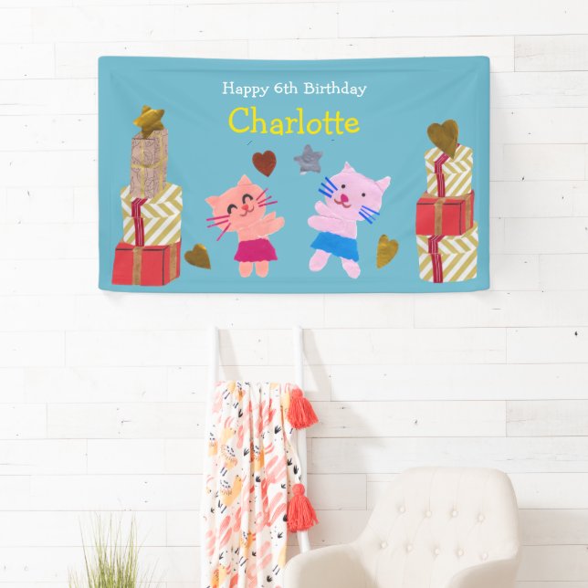 Niedliche Katzen und Präsentiert Blaues Kindergebu Banner (Insitu)