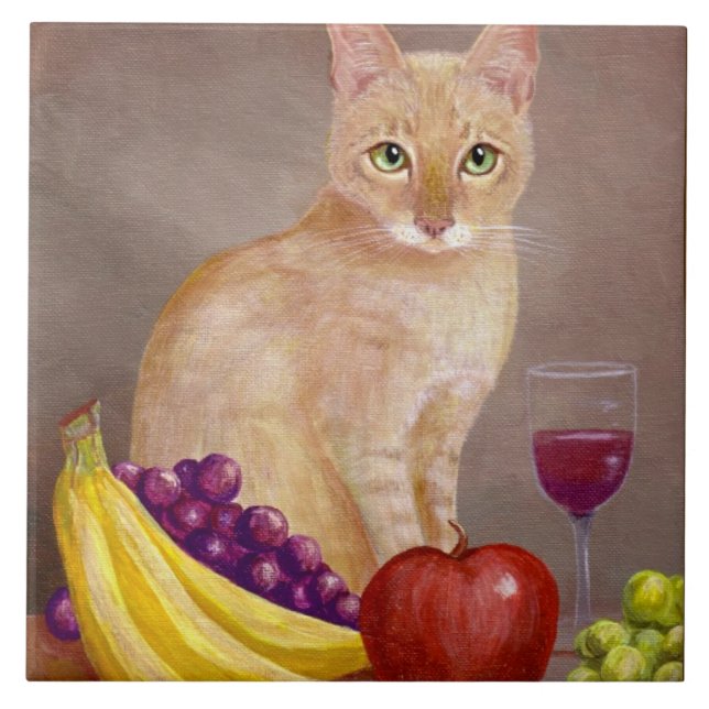 Niedliche Katzen-Weintraube-Apple-Bananen Fliese (Vorderseite)