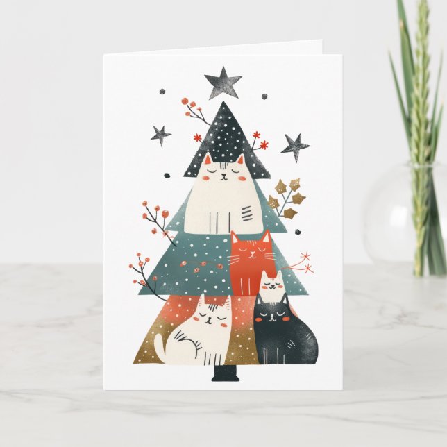 Niedliche Katzen Xmas Tree Whimsical Meowy Weihnac Karte (Vorderseite)