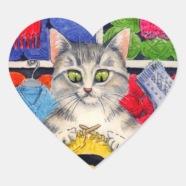 Niedliche Katzenaufkleber mit Lieben zum Strick Herz-Aufkleber (Vorderseite)