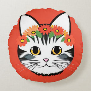 Niedliche Katzengesicht Vibrant Illustration Rundes Kissen