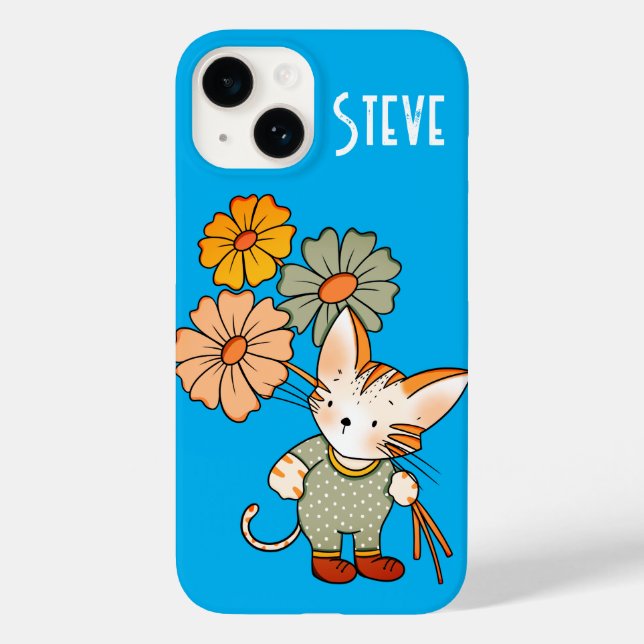 Niedliche Katzenhalterung Blume Personalisierter T Case-Mate iPhone 14 Hülle (Rückseite)