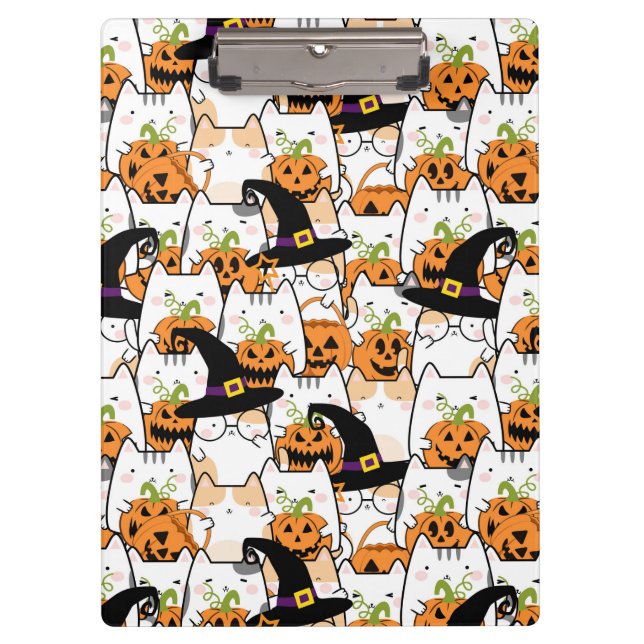 Niedliche KatzenHexe mit Bumkin Halloween Klemmbrett (Vorderseite)