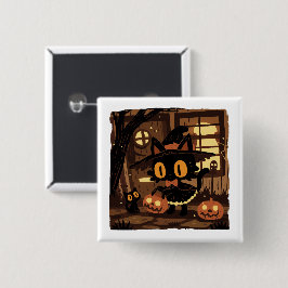 Niedliche KatzenHexe mit Kürbiseimer Button