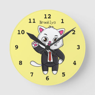 Niedliche Katzenkatze im Anzug Cartoon Runde Wanduhr