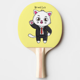 Niedliche Katzenkatze im Anzug Cartoon Tischtennis Schläger
