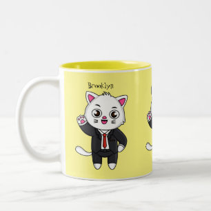 Niedliche Katzenkatze im Anzug Cartoon Zweifarbige Tasse