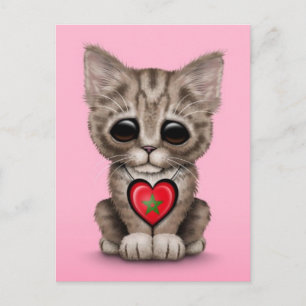 Niedliche Katzenkatze mit Marokko Fahne Herz, rosa Postkarte