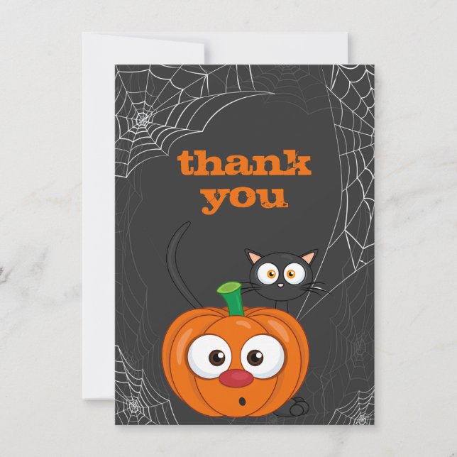 Niedliche Katzenkatze und KürbisHalloween-Flat Dankeskarte (Vorderseite)
