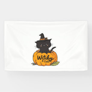 Niedliche Katzenkürbis mit Hexenhut, Kawaii Banner