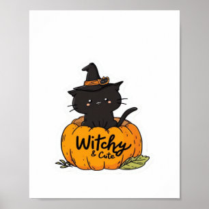 Niedliche Katzenkürbis mit Hexenhut, Kawaii Poster