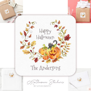 Niedliche Katzenkürme Herbstleaves Wreath Hallowee Quadratischer Aufkleber