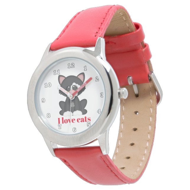 Niedliche Katzenliebhaber Mädchen geben Namen oder Armbanduhr (Schrägansicht)