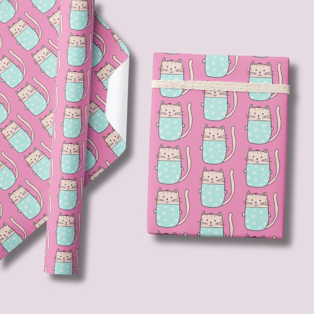 Niedliche Katzenmädchen pink Geschenkpapier (Floral cute kitty cat pink wrapping paper rolls.  Matching items available.)