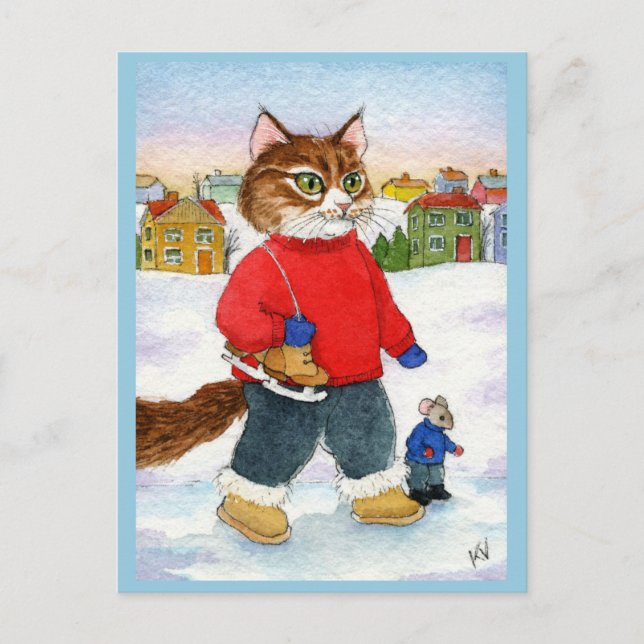 Niedliche Katzenmaus Skater Winternaturkunst Postk Postkarte (Vorderseite)