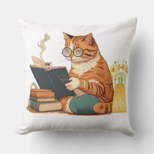 niedliche Katzenmutter las ein Buch und trank Kaff Kissen