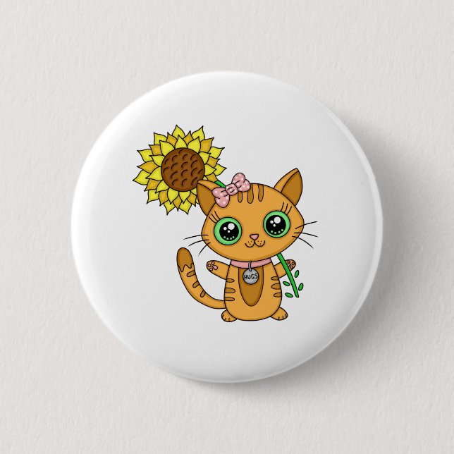 Niedliche Kawaii Cat Holding-Blume Button (Vorderseite)
