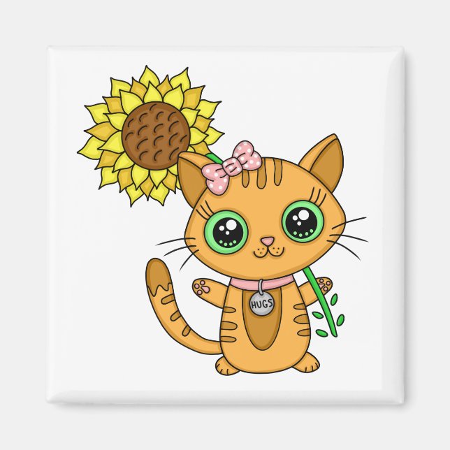Niedliche Kawaii Cat Holding-Blume Magnet (Vorne)