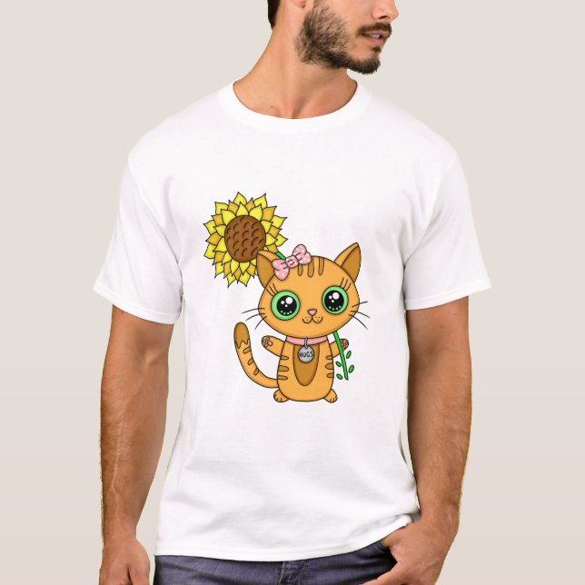 Niedliche Kawaii Cat Holding-Blume T-Shirt (Vorderseite)