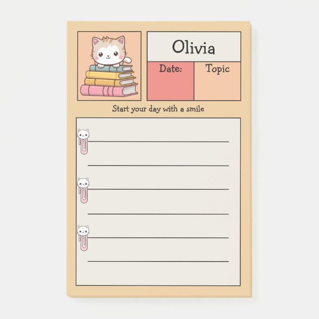 Niedliche Kawaii Cat On Books Personalisiert Post-it Klebezettel (Vorderseite)
