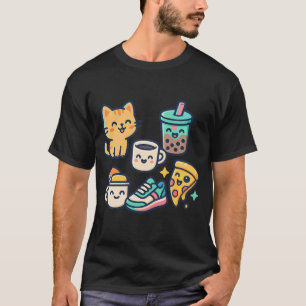 Niedliche Kawaii Cat, Pizza, Bubble Tee & Kaffee -
