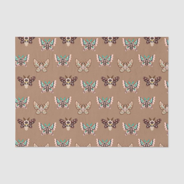 Niedliche Kawaii Chibi Moths on Coffee Tan Seidenpapier (Vorderseite)