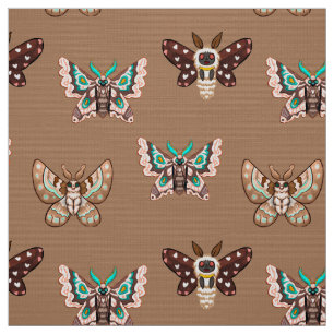 Niedliche Kawaii Chibi Moths on Coffee Tan Stoff