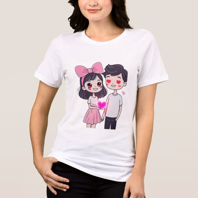 Niedliche Kawaii Couple Doodle Illustration Tri-Blend Shirt (Vorderseite)