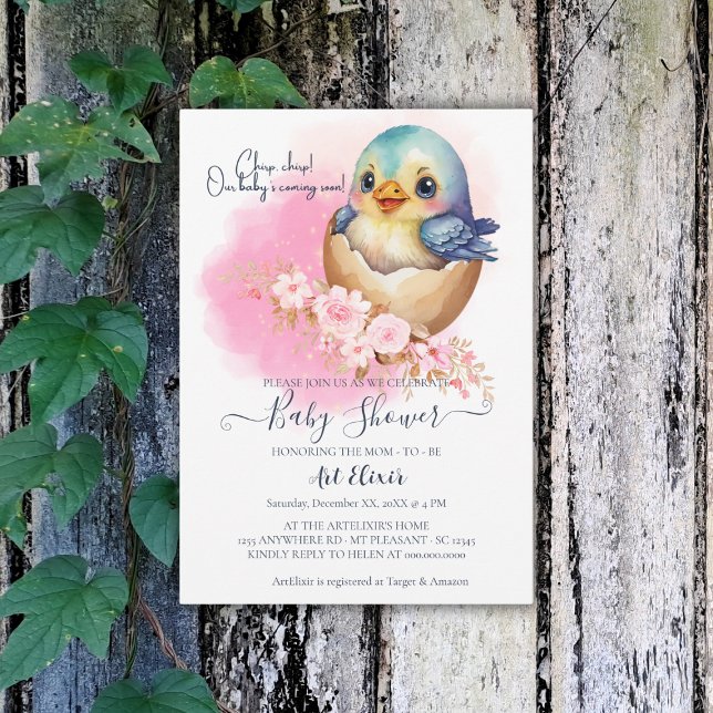 Niedliche Kawaii Egg Bird Elegante Floral Baby Dus Einladung (Von Creator hochgeladen)
