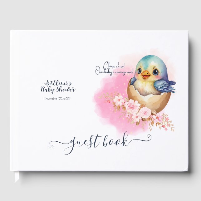 Niedliche Kawaii Egg Bird Elegante Floral Baby Dus Gästebuch (Vorderseite)
