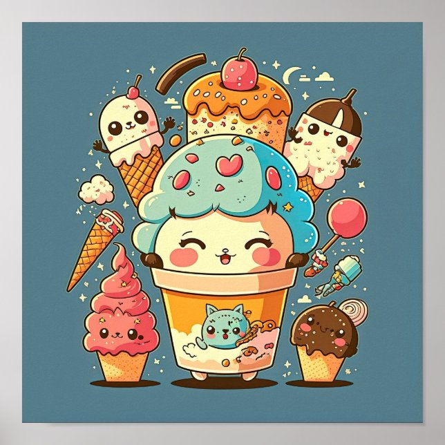 Niedliche Kawaii Eis Cartoon Vektorgrafik. Poster (Vorne)