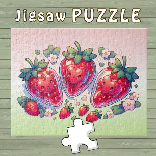 Niedliche Kawaii Erdbeeren mit lächelnden Herzen -