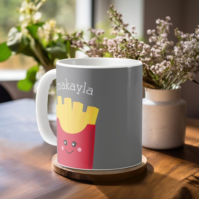 Niedliche Kawaii Fries mit Individuelle Name Kaffeetasse (Mug template with a place for photos and custom text)